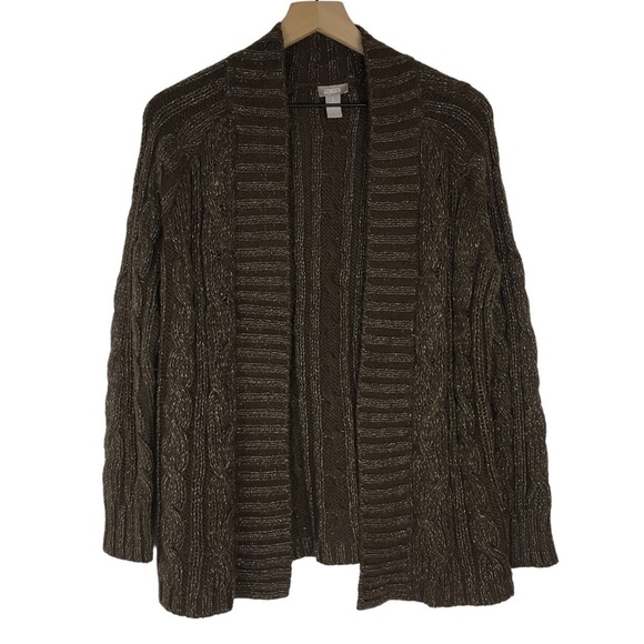 CHICOS Cardigan Sweater Metallic Open Front Cable Knit Rabbit Hair Size 1 Medium - Picture 1 of 8